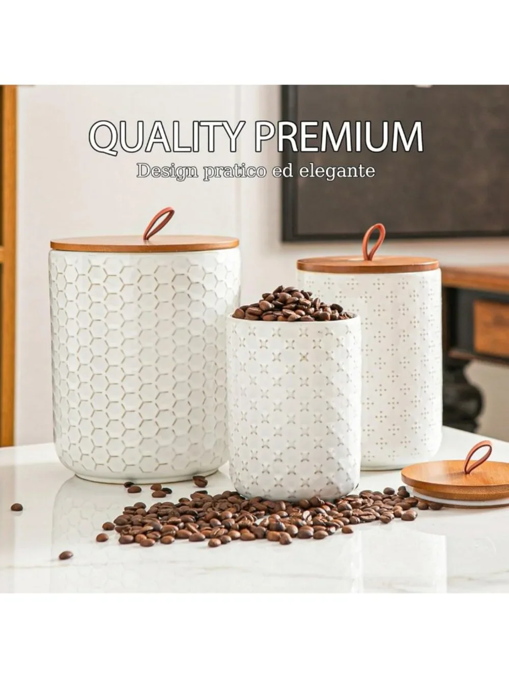 Airtight White Ceramic Canister Set with Wooden Lids - 3-Piece Kitchen Storage